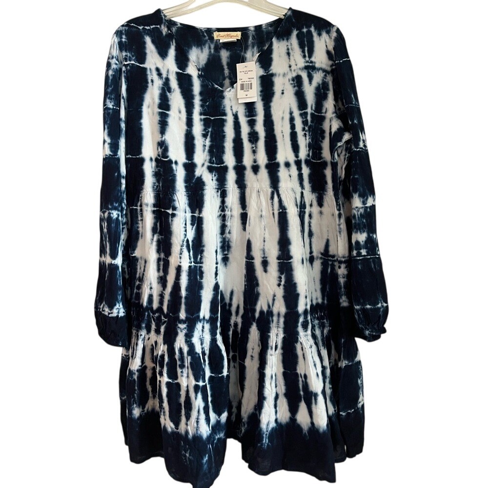 Sweet Magnolia Long Sleeve Tiered Tie Dye Mini Dress Women Medium Blue White NWT